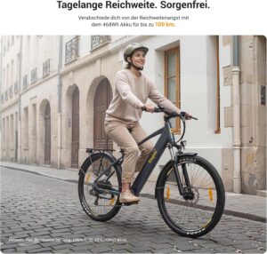 Eleglide E-Bike, T1 Elektrofahrrad 27.5'' Trekking E-Cityrad mit 13Ah Akku, 100KM Lang Range, 250W Motor, 7 Gäng E-Mountainbike für Damen und Herren, Doppelscheibenbremsen