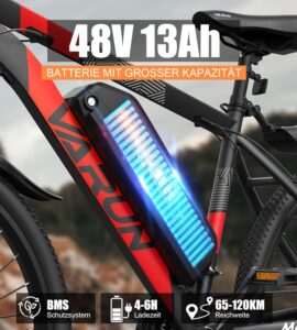 VARUN E Bike, 27.5 Zoll Ebike Herren Damen mit 48V 13Ah (624 Wh) Akku, Bis zu 120 KM, 55Nm 250W Motor, 21-Gang E-Bike Mountainbike mit 4 Fahrmodi, Elektrofahrrad Herren Damen für Pendeln, Bergig