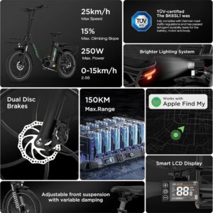 HITWAY E Bike, Ebike mit 250W Motor, Elektrofahrrad 20 Zoll, E-Bike mit 70-150km Reichweite, 7-Gang, APP-Steuerung, faltbar, IP54 wasserdicht, Pedelec